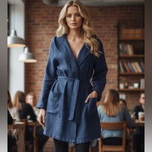 Bryn Walker Blue Madison Jacket Women's Small Linen Hooded Loungewear Beach